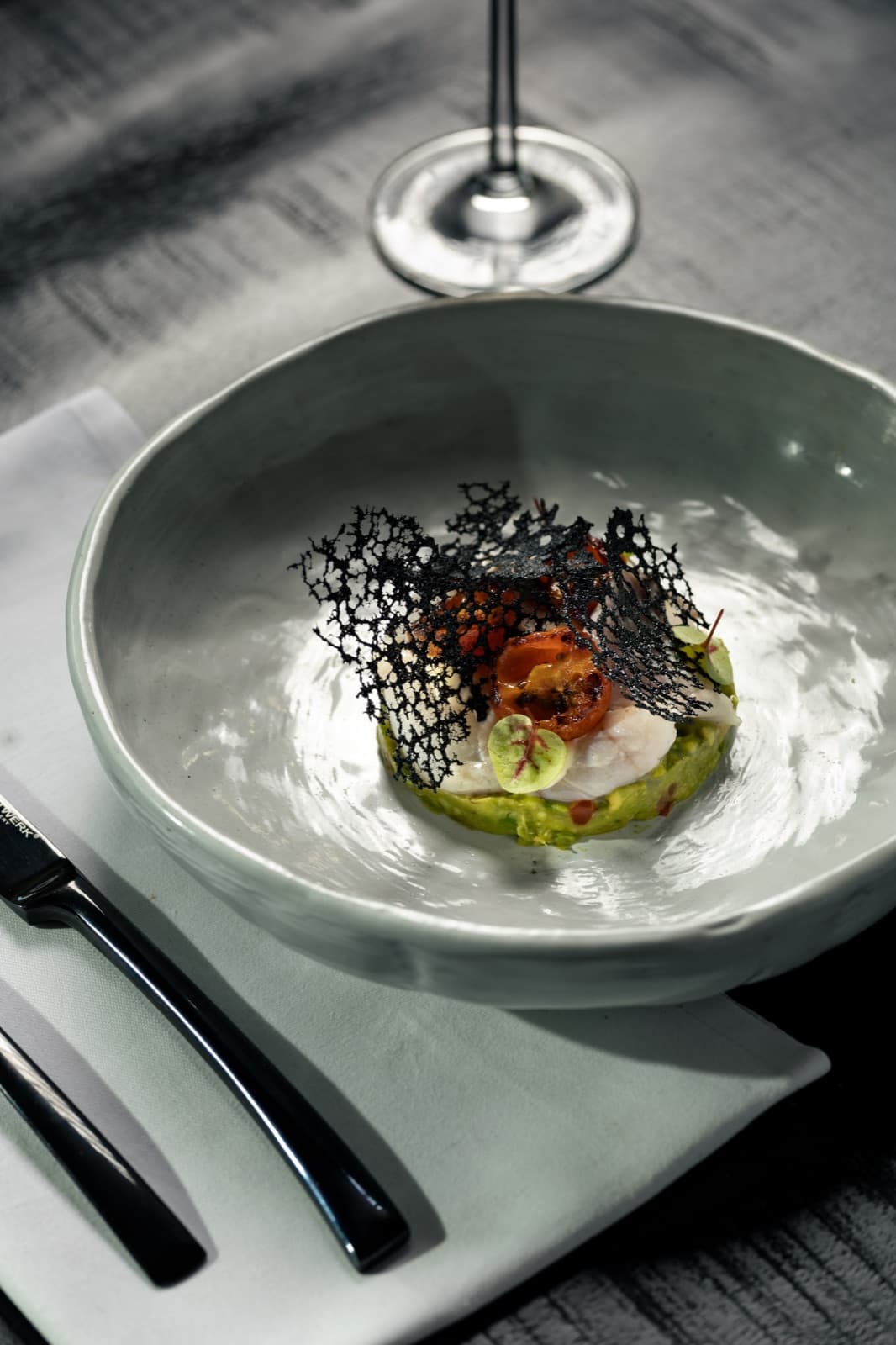 Ceviche met avocado en een krokant van inktvisinkt